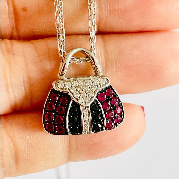 MIRABELLE Solid 18k 18kt white gold ruby and sapphire purse bag pendant necklace - Picture 9 of 16